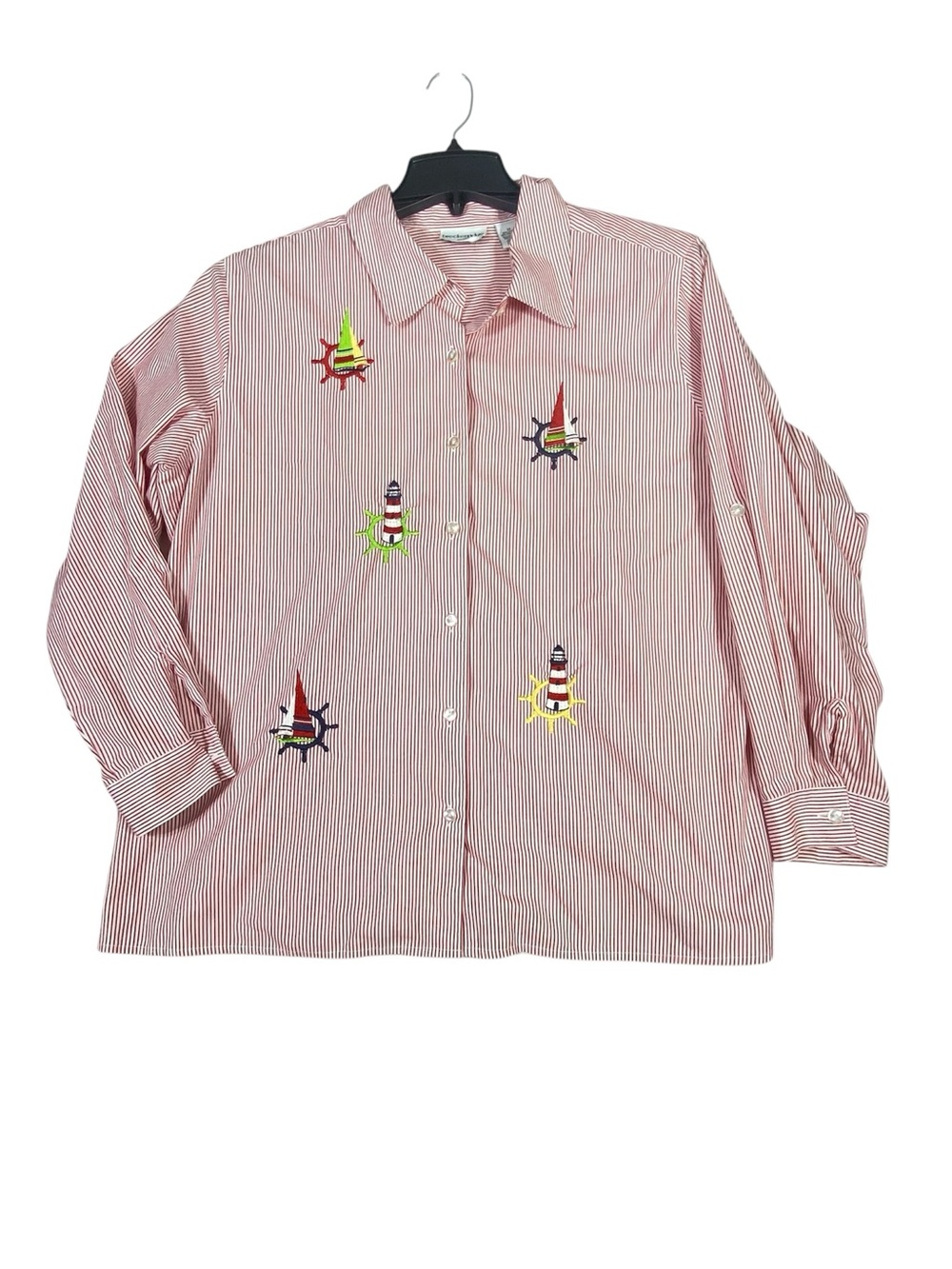 Breckenridge Nautical Button Down Blouse Women's 2X Red White Striped Embroidery